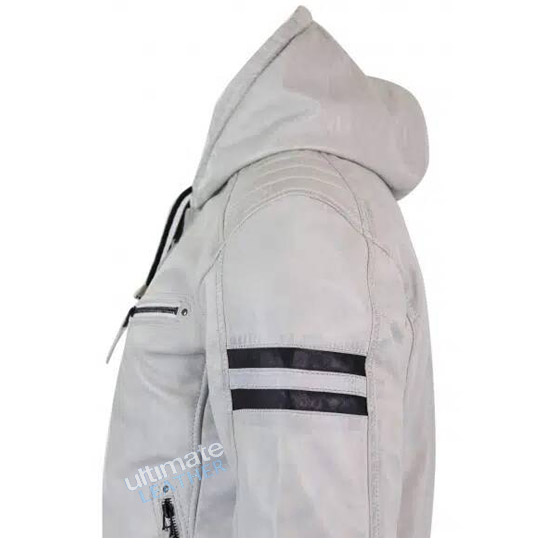 men's white leather jacket with hood