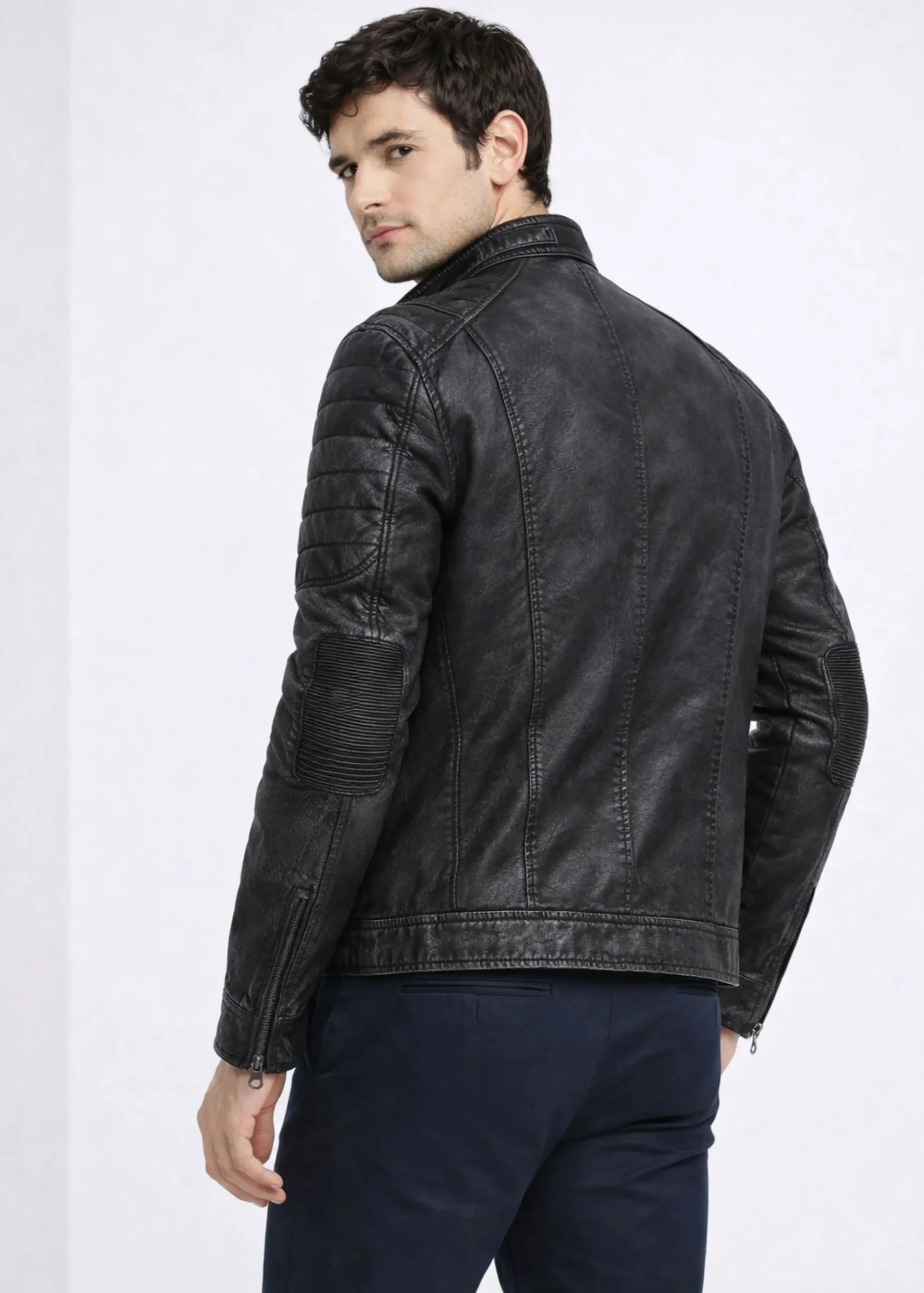 Men's Black Distressed Cafe Racer Leather Jacket - Image 2
