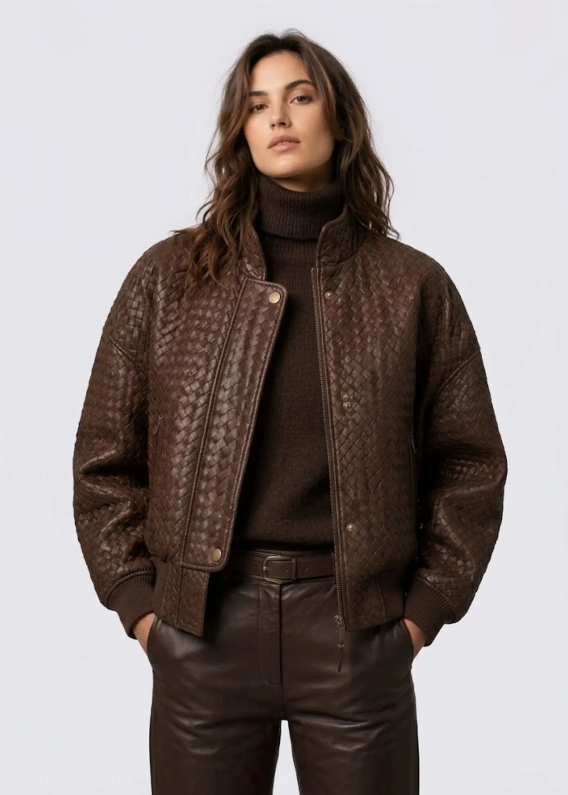 womens-brown-woven-leather-bomber-jacket.webp